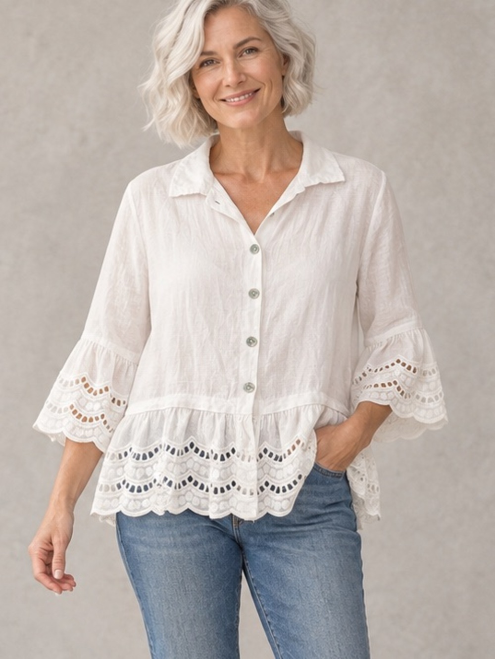 White Linen-Look Eyelet Lace Peplum Blouse L - XL